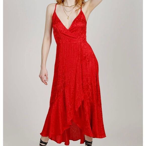Preloved Band Of The Free Women's L Anina Ruby Red Wrap Midi Dress Red Jaquard F - Picture 1 of 16